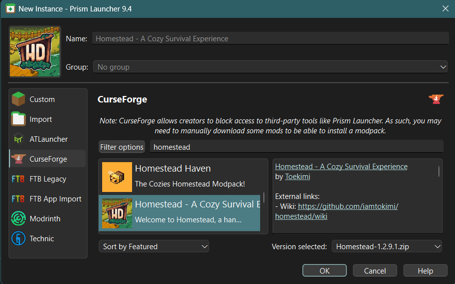 Installing Homestead in Prism Launcher